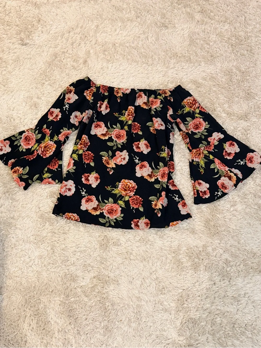 Off-Shoulder Black Floral Bell-Sleeve Top - M
